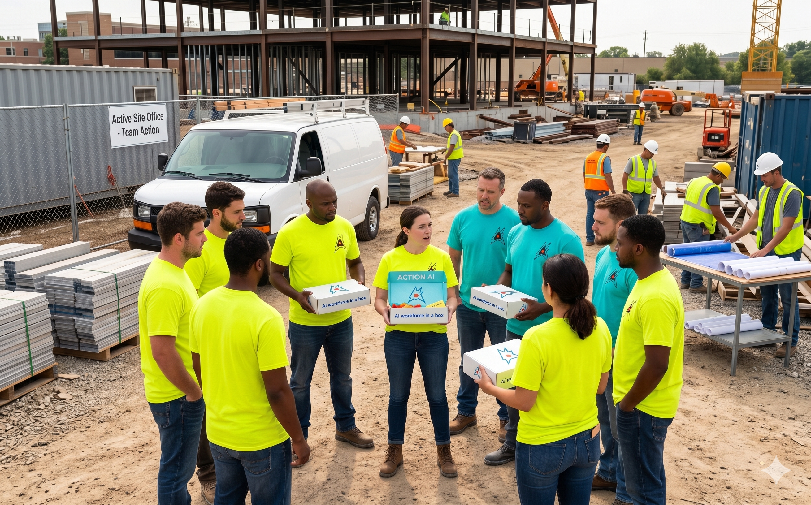 An Action AI crew on a construction site handing Action Cells to a contractor team — illustrative of the prospective operator types we scope pilots for.