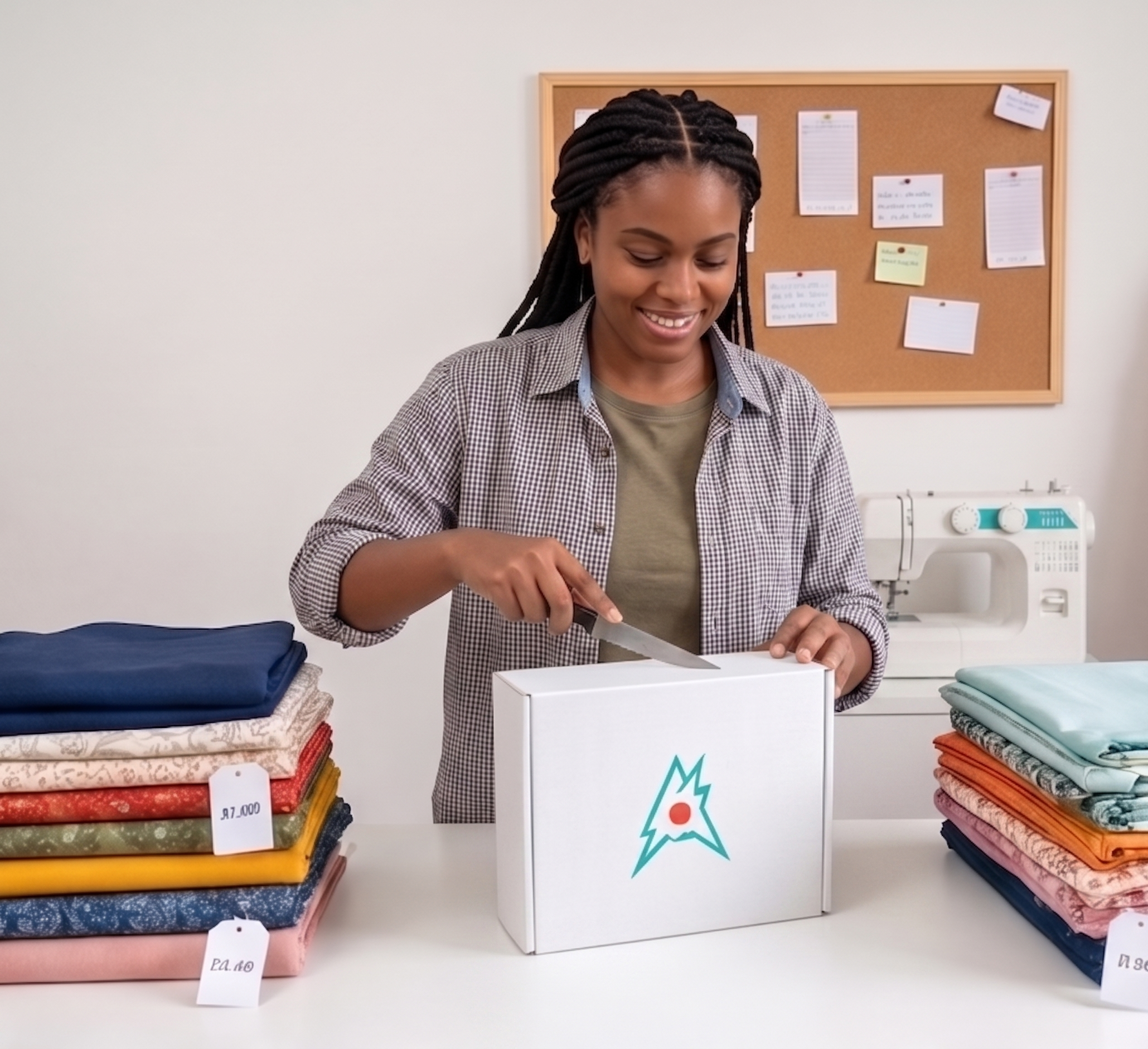 A small-business operator opening her Action Cell at her workstation — fabric inventory stacked beside the sewing machine — the moment a closed-loop deployment begins.
