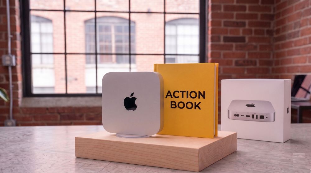 The Mac Mini standing beside the yellow Action Book field guide.