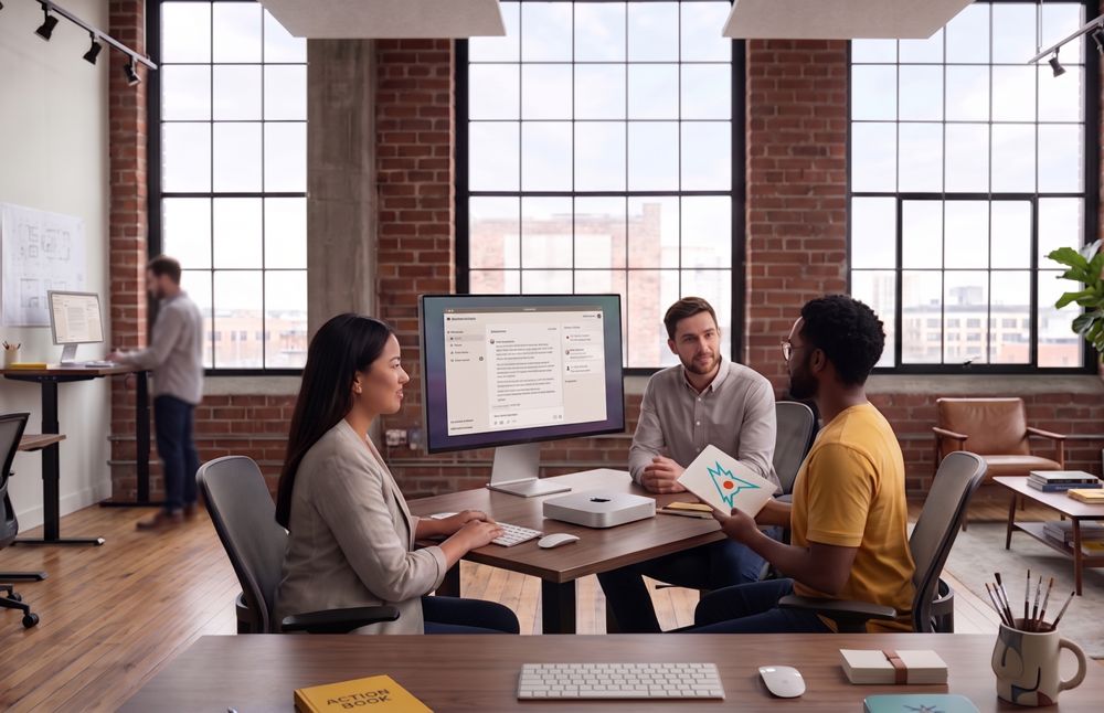An Action AI team calibrating a client's Action Box around an office table before deployment.