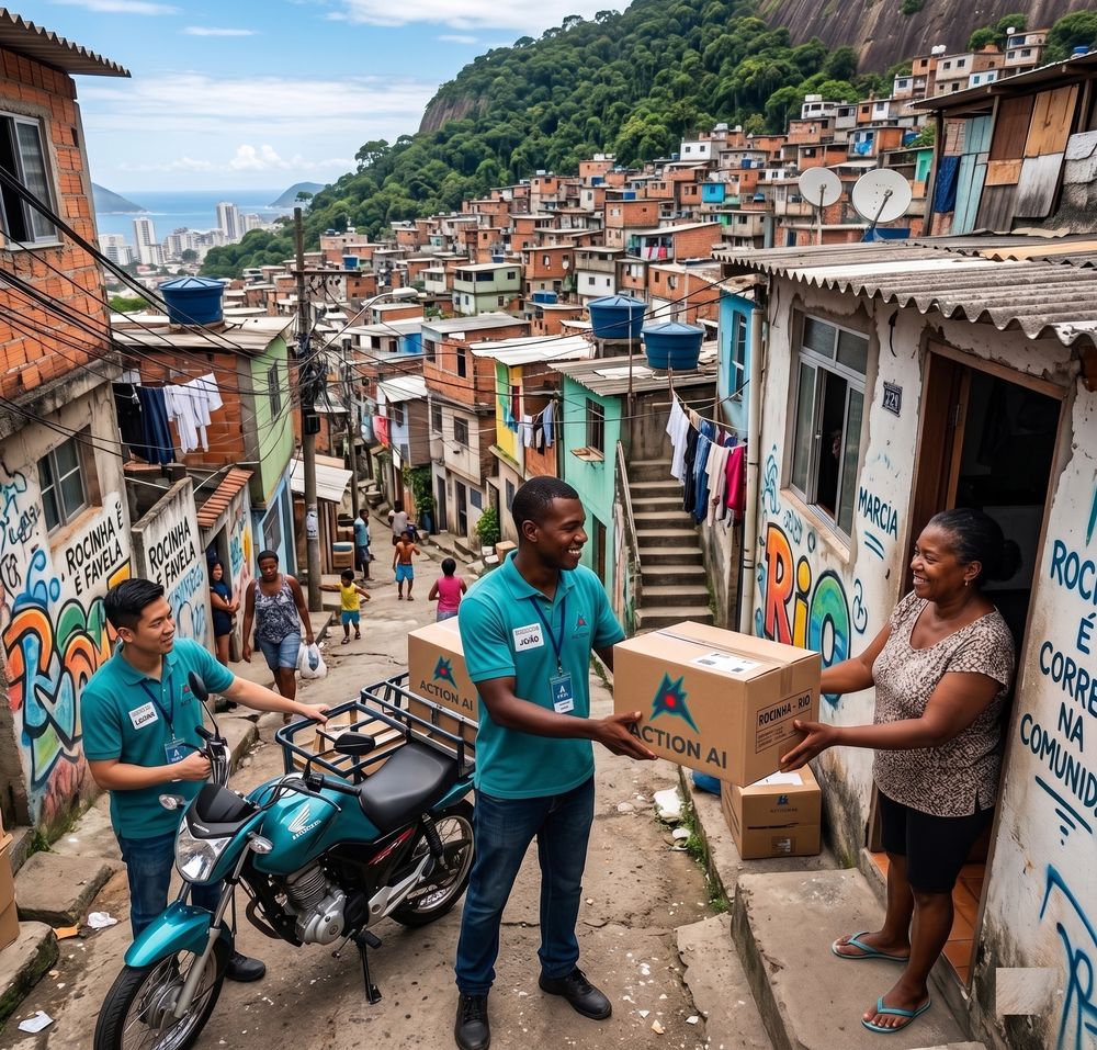 An Action AI specialist delivering an Action Box to a local operator on a street in the Rocinha favela, Rio de Janeiro — the dense hillside community behind.