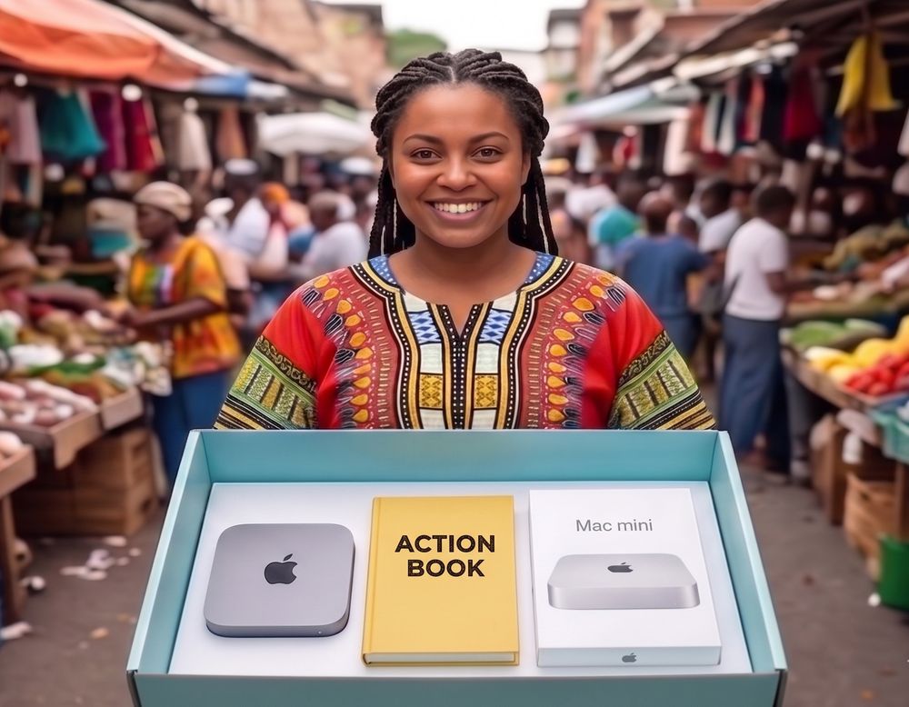 A small-business operator in Ghana holding an open Action Box — Mac mini Action Cell, Action Book, and accessories inside.