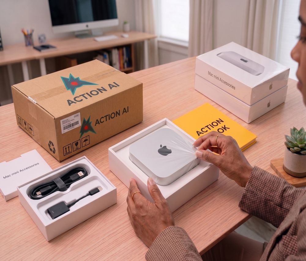 An operator unboxing the Mac mini Action Cell, with the Action Book field guide, accessory boxes, and an Action AI carton on the desk.