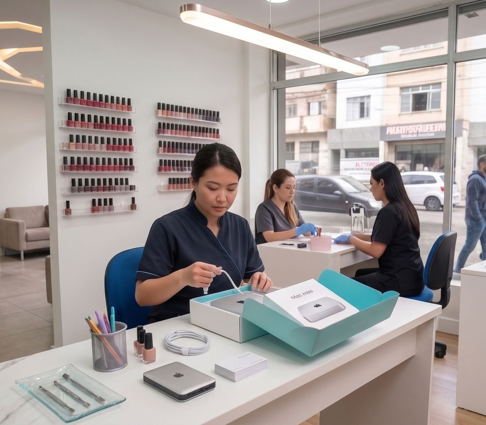 Illustrative example of a nail-salon front-desk setup with an Action Cell — representative operator type.