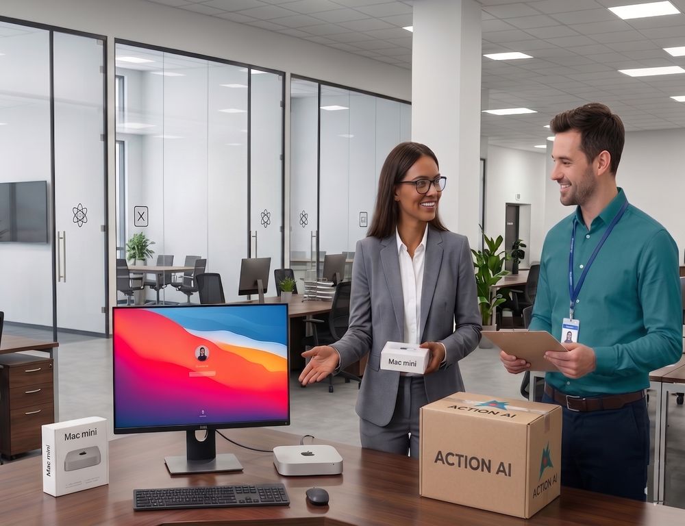 An Action AI specialist setting up a Mac mini Action Cell at a client's office, an Action AI carton on the desk.