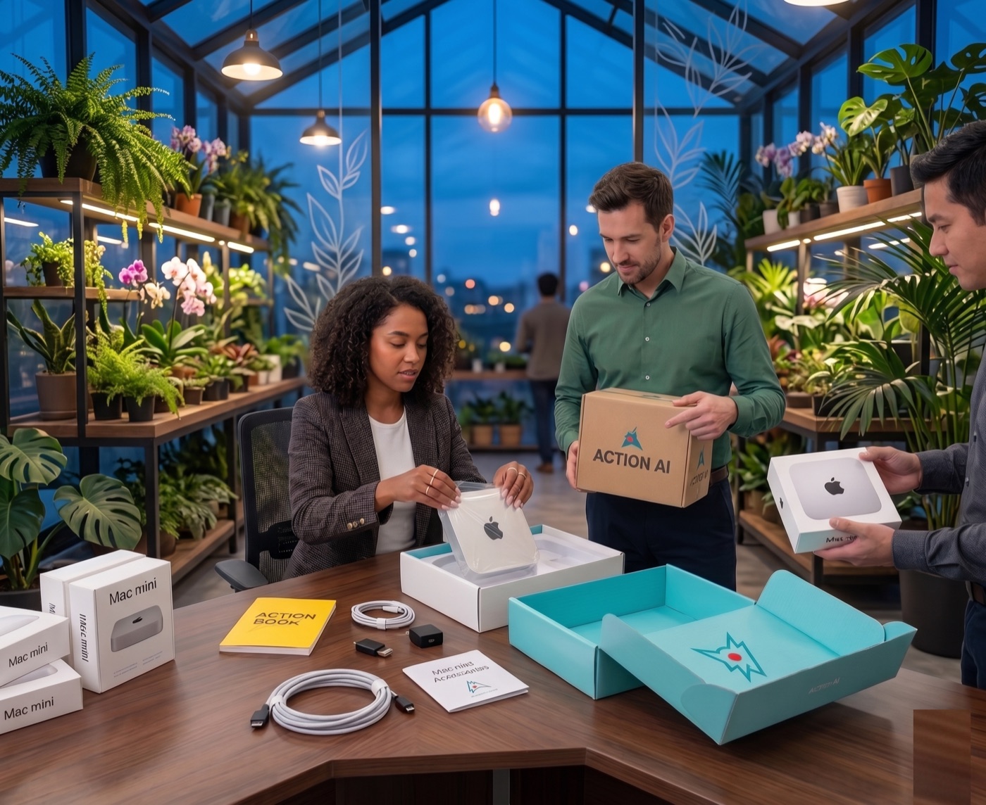 An Action AI deployment inside a plant nursery — operator unboxing a Mac mini and Action Cell among hanging plants, orchids, and ferns.