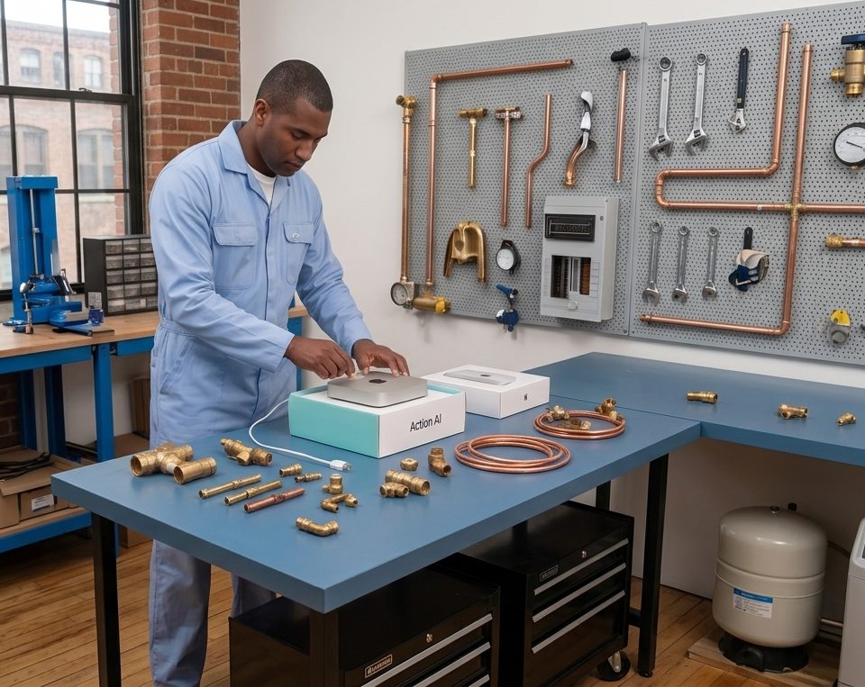 Illustrative example of a plumbing-shop operator setup with an Action Cell on a workshop bench &mdash; representative of the operator type these pilots are scoped for.
