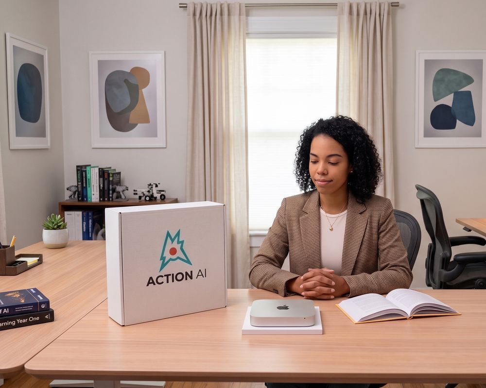 Operator at her desk with the Action Cell box and Mac mini on a clean workstation — the calm endpoint of a closed-loop deployment.