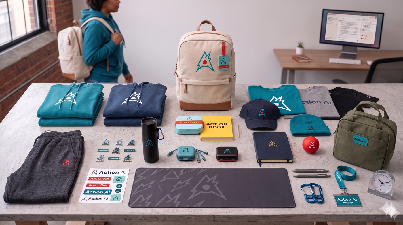Action AI swag — the gear founding volunteers receive when they join.