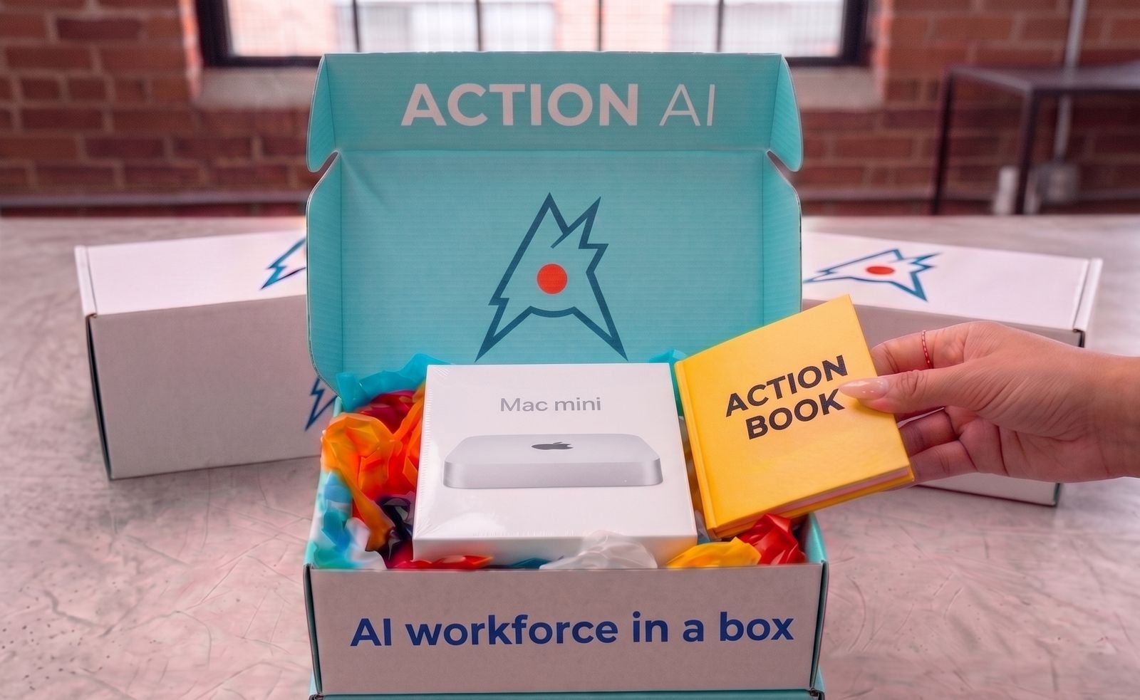 Action AI hero composition — an Action Box being unboxed, revealing the pre-configured hardware.