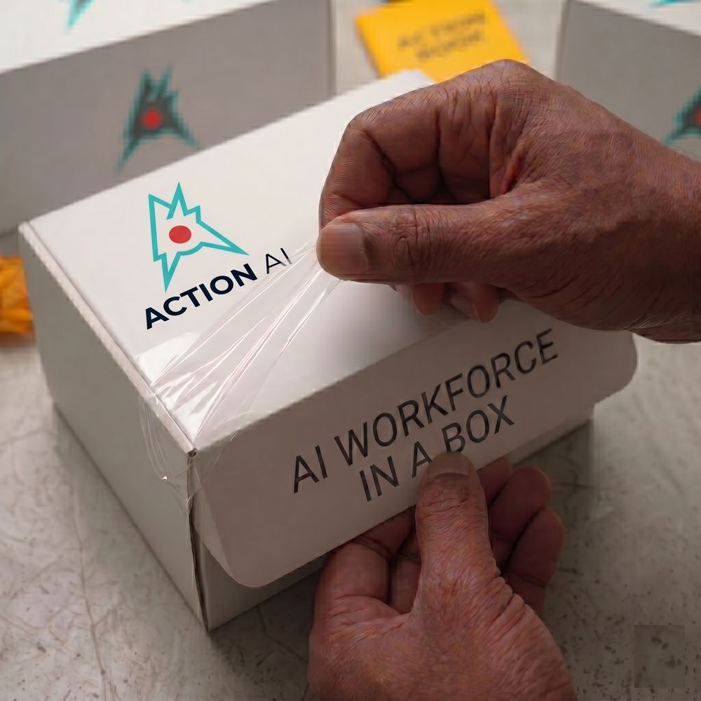 An Action Box being sealed by hand for shipment, branded 'AI workforce in a box'.